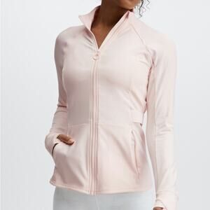 Fabletics trinity performance jacket pink zip up pockets thumb holes size XL